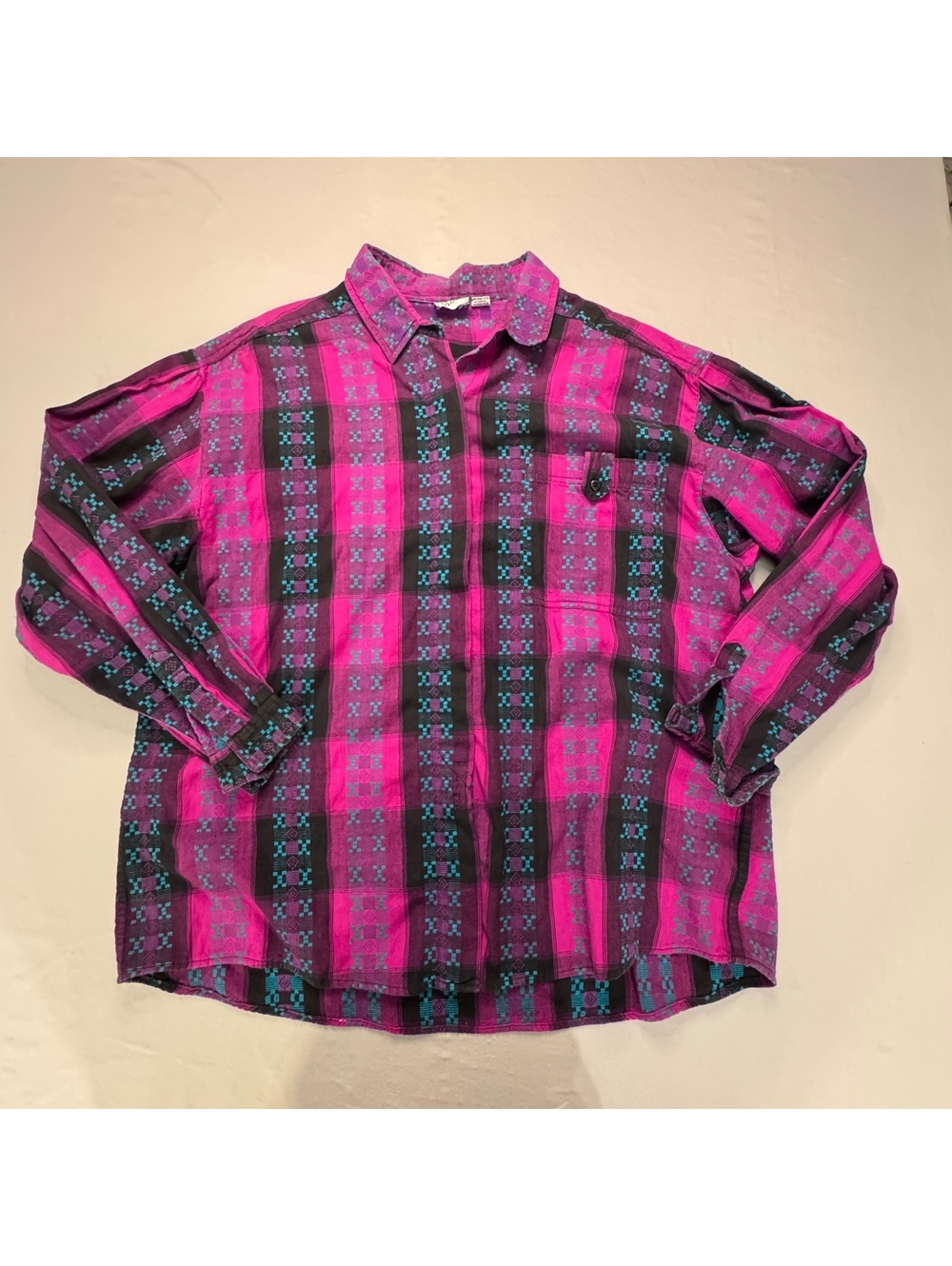 KHAZANA Vintage 90s Y2K Pink Teal Plaid Button Up Shirt Men’s 42/24 Cotton